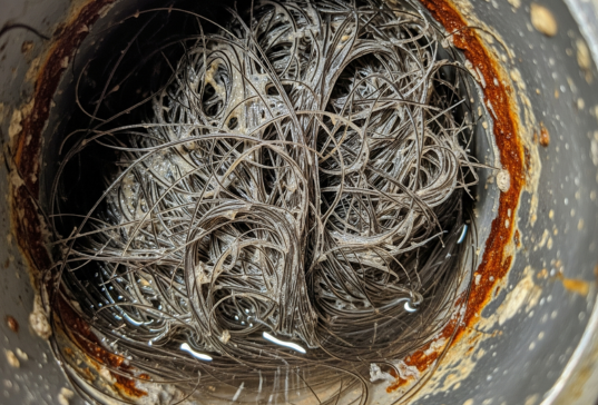 a drain completely blocked by hair