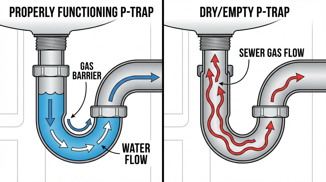a cross section of a sink pipe showing how the P-Trap pipe works