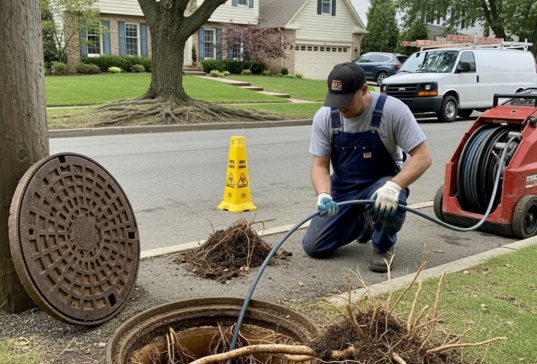 A plumber cleaning an outdoor sewer line from tree roots.