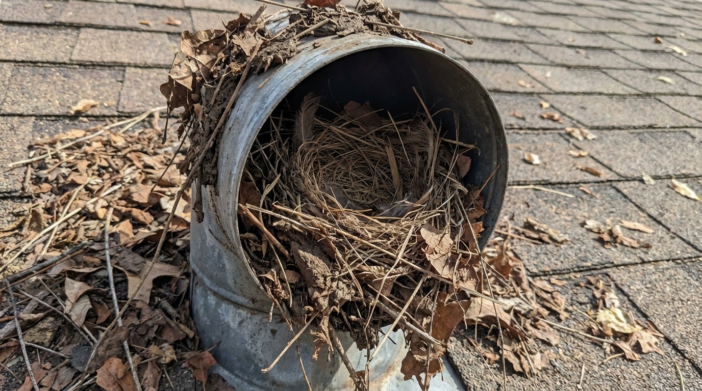 Picture of a clogged vent pipe on the top of house filled with leaves and debris.