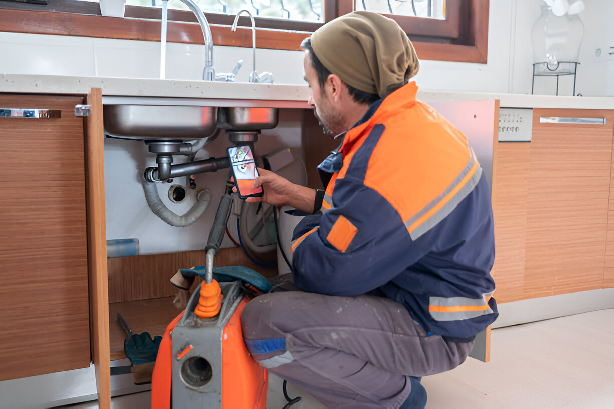 a plumber tech in an orange coat taking pictures of under a sink