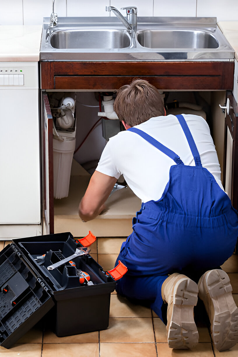 Plumber under a sink in blue overalls