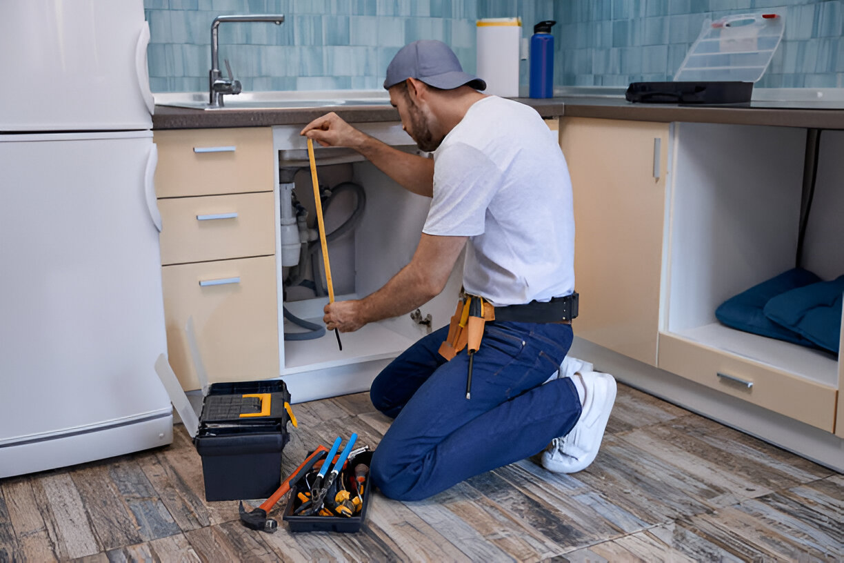a plumber measuring under a sink opening