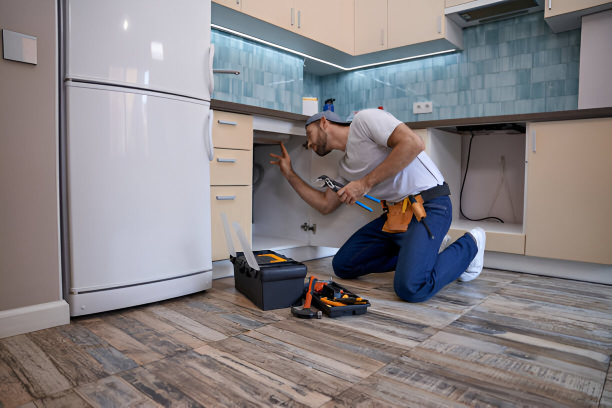 a plumber in the kitchen looking under the sink