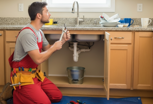 a plumber in red overalls working at a home kitchen sink to repair a drain