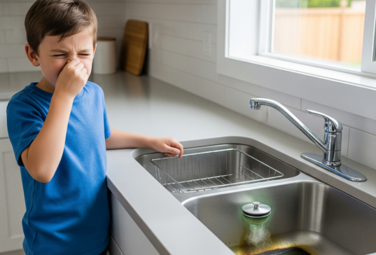 a boy holding his nose next to a kitchen sink