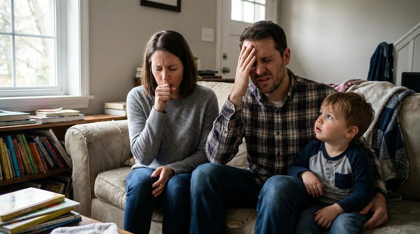 family sitting on a couch experiencing symptoms of sewer gas