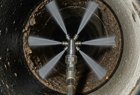 a hydrojet nozzle inside a sewer pipe cleaning out the grime with high pressure water streams.