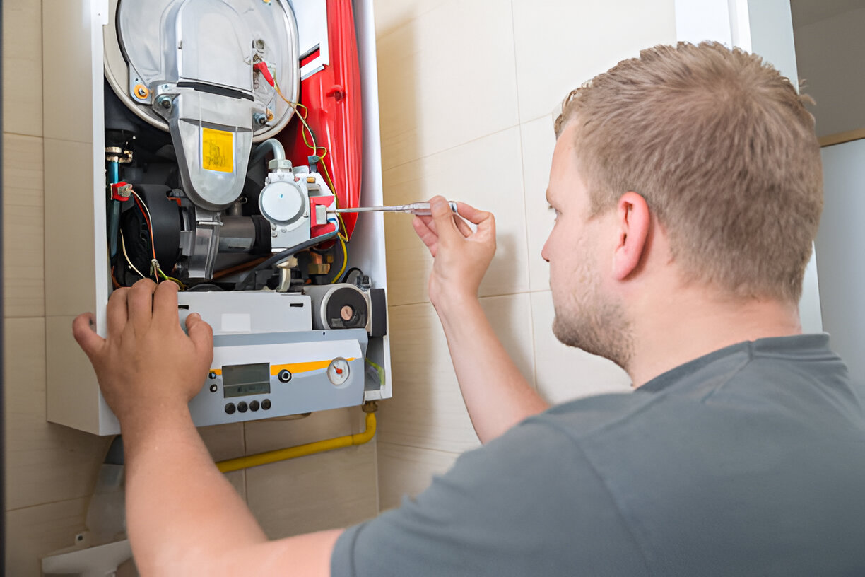 man testing a tankless water heater pannel with a volt meter