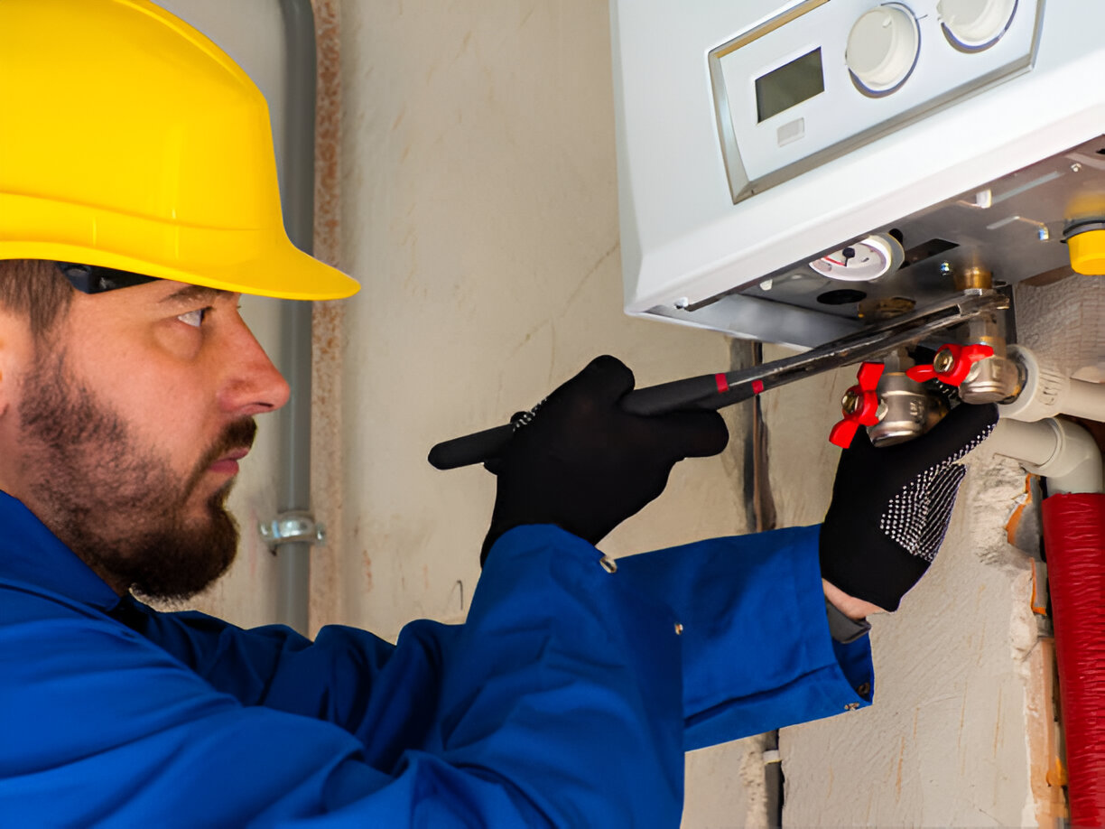 a man with a yellow hard hat using a socket wrench on a tankless water heater