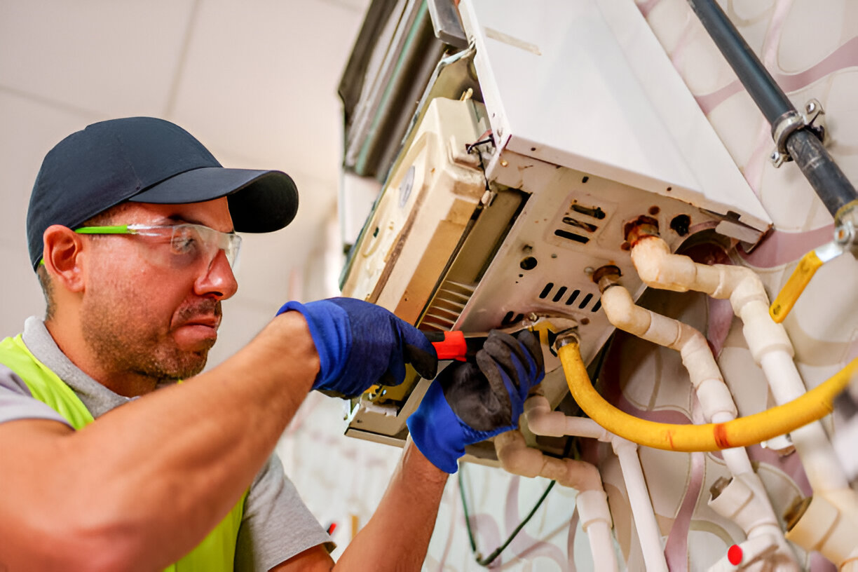 a man fixing the bottom of a tankless water heater