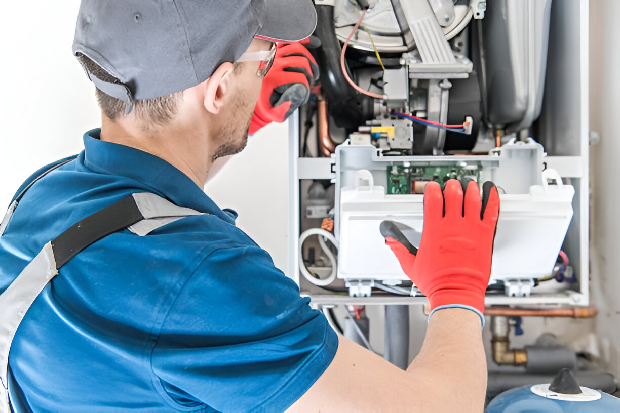 a man with red gloves looking inside a tankless water heater