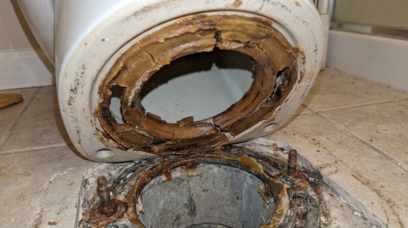 picture of a wax ring under a toilet that has failed